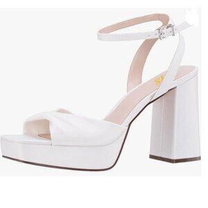 FYS White Platform Square Toe Sandals Ankle Strap Chunky High Heels Elegant Shoe